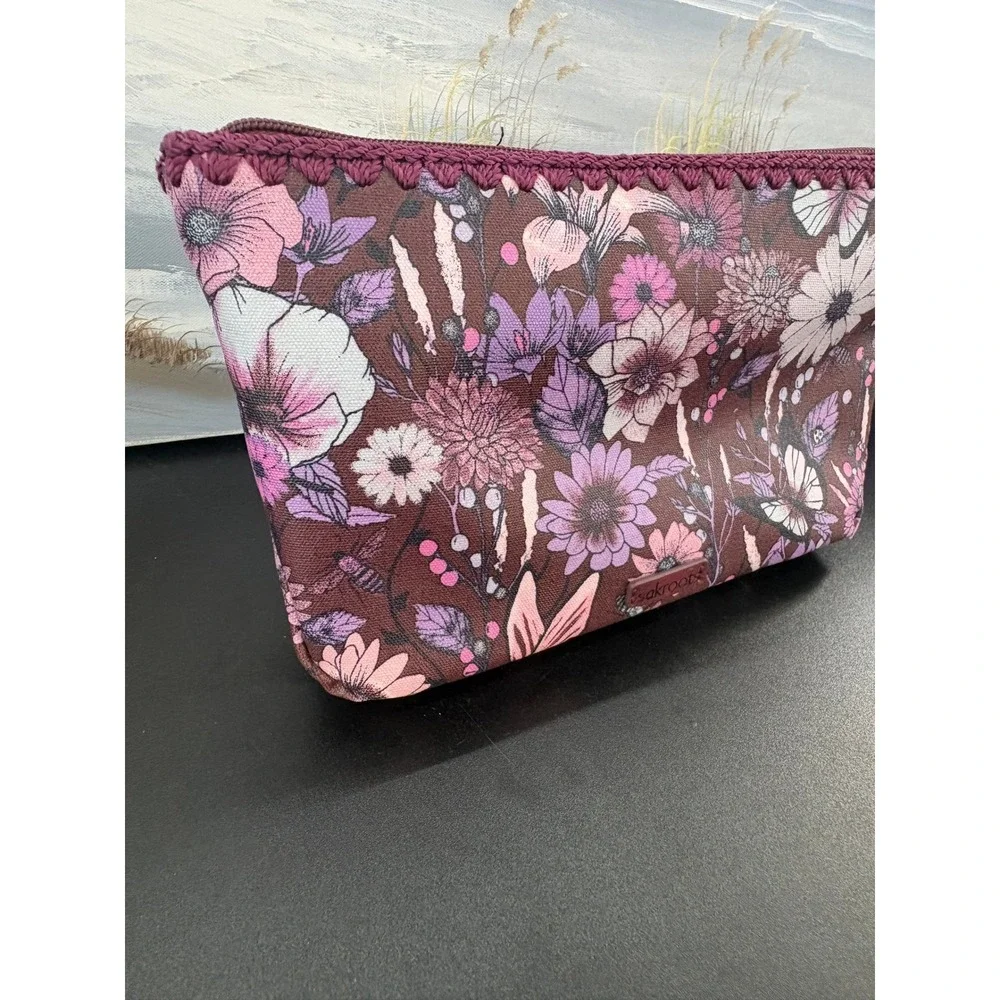 Sakroots Floral Butterfly Makeup Cosmetic Bag Pouch Purple Pink Coated Canvas